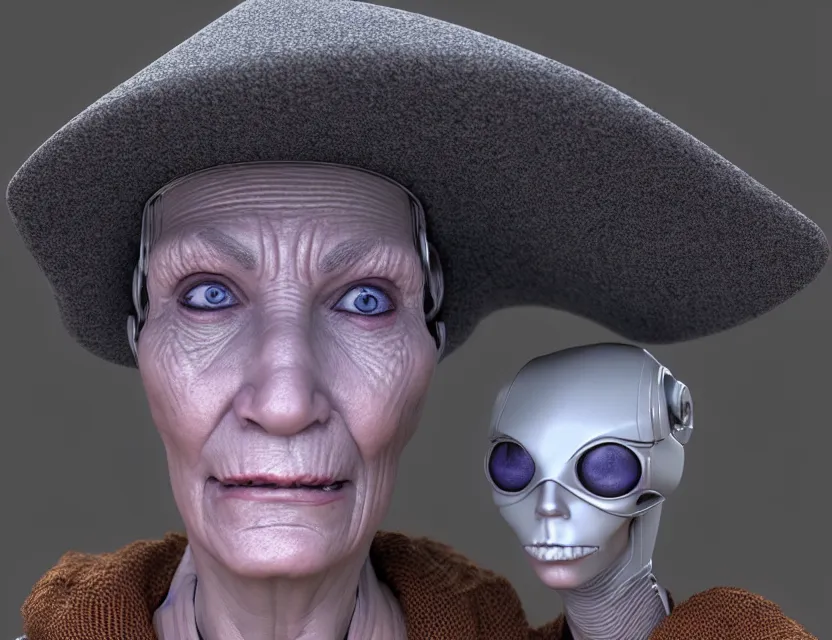 Image similar to cinematic bust portrait of robo face granny cyborg body, witch's hat on head, by jean giraud, trending artstaition, 3 d, unreal engine