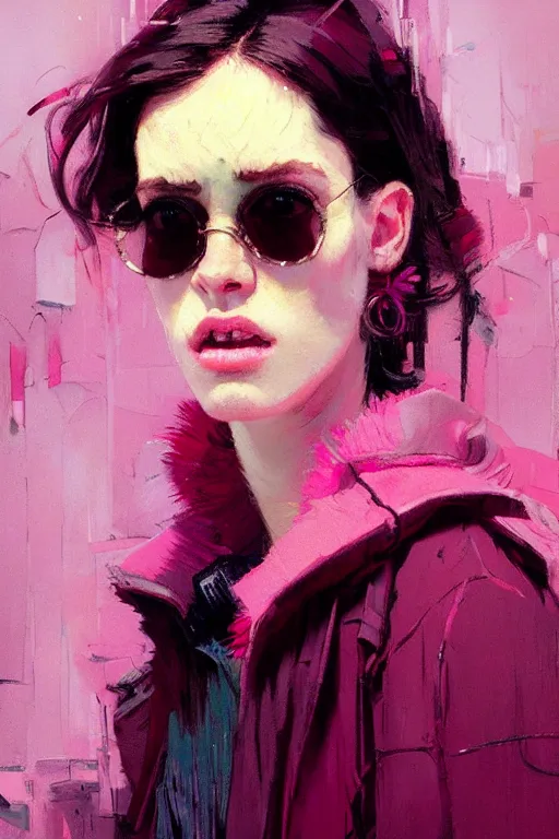 Image similar to portrait of a beautiful sad girl, dark hair, shades of pink, beautiful face, rule of thirds, intricate outfit, spotlight, by greg rutkowski, by jeremy mann, by francoise nielly, by van gogh, digital painting