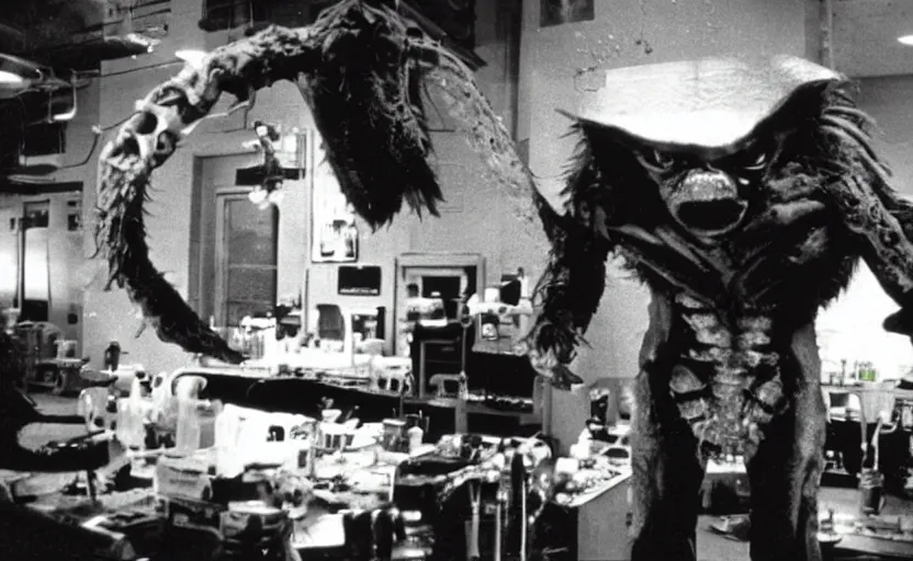 Prompt: monster from john carpenter's the thing, movie still, laboratory, fun party atmosphere, vhs