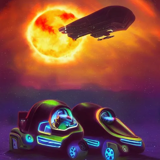 Prompt: A colorful painting of humanoid Aliens of the Sun on a space planet environment with futuristic vehicles, inspired by Keith Mallett, digital art, extremely moody lighting, glowing light and shadow, atmospheric, shadowy, cinematic