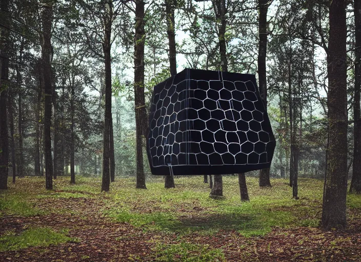 Prompt: black hypercube floating in a forest