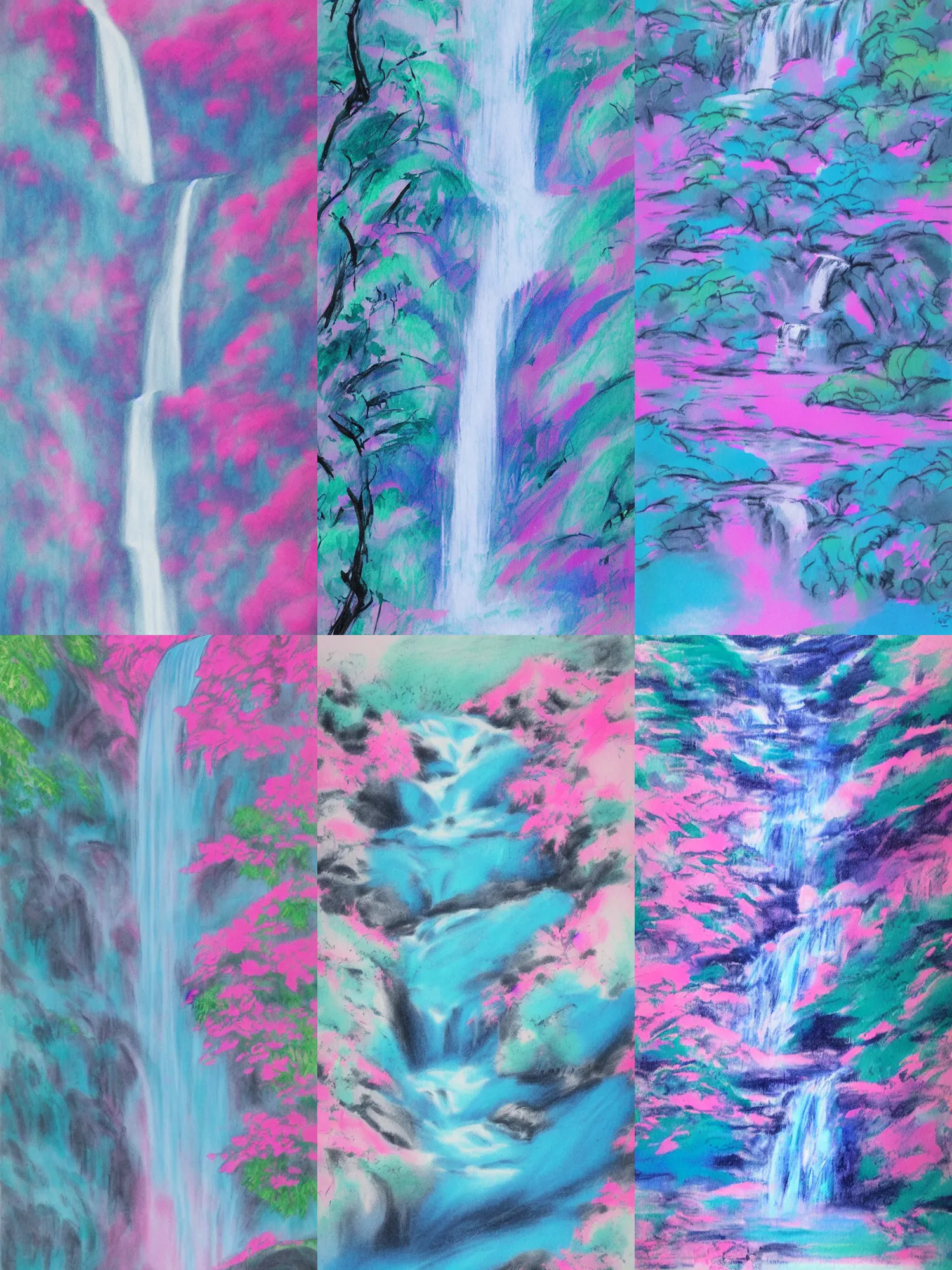 Prompt: an endless waterfall, blue and pink pastel colour splash, painted with a thin brush, detailed sumi-e illustration