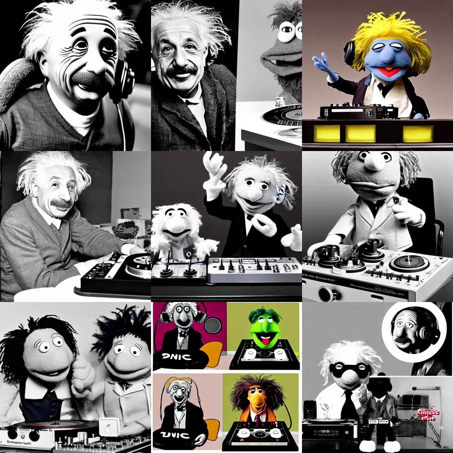 Prompt: Einstein as a muppet wearing headphones DJing with DJ turntables