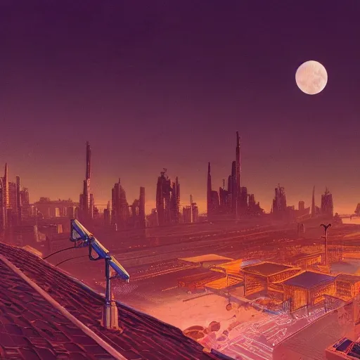 Image similar to an intricate, detailed matte painting of a rooftop in the futuristic city that has many aerials and structures on top with a huge, realistic moon in the background, dramatic lighting, 4k, trending on artstation, by Syd Mead