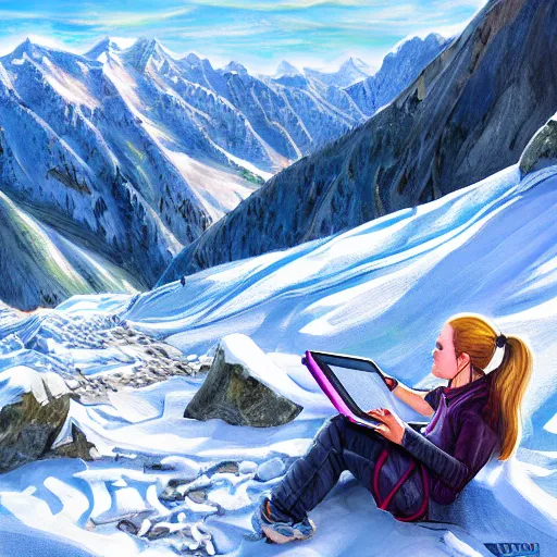 Prompt: female junior developer working outside in the mountains, alps, 4k, digital art, highly detailed, digital painting, artstation