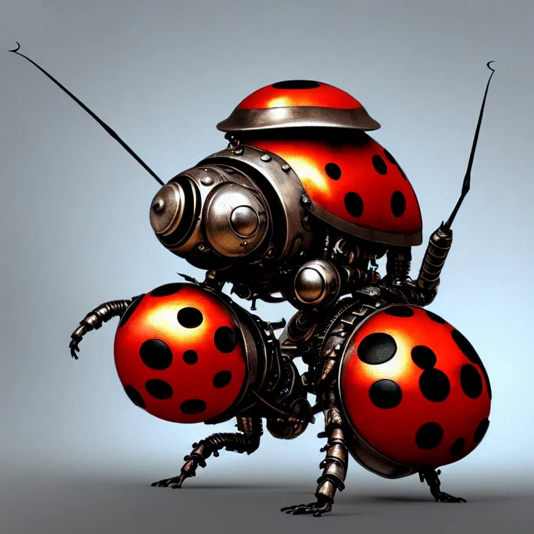 Prompt: portrait shot of a steampunk robot ladybug, unreal engine realistic render, 8 k, micro detail, intricate, elegant, highly detailed, centered, digital painting, artstation, smooth, sharp focus, illustration, artgerm, tomasz alen kopera, peter mohrbacher, donato giancola, joseph christian leyendecker, wlop, boris vallejo
