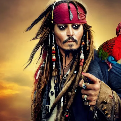 Image similar to johnny depp as jack sparrow with a parrot on the shoulder, realistic portrait, 8k resolution, hyper detailed, studio lighting, cinematic