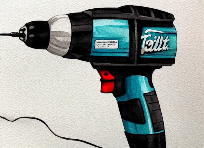 Image similar to concept art of a electril drill tool, pinterest, artstation trending, behance, watercolor, by coby whitmore, silver, laser light,