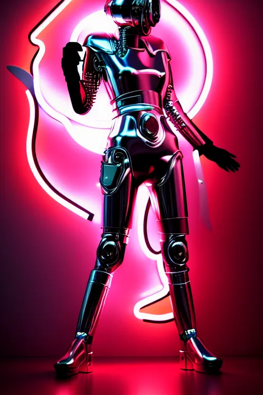 Image similar to female chrome futuristic cyborg with helmet, curved metal Loki horns, chrome motorcycle parts, full body, machine abstract background, neon bar lights, 3d render, octane, 8k, volumetric lighting, hyper-realistic, dark fantasy, diffuse lighting, intricate, highly detailed, lifelike, photorealistic, digital painting, trending on artstation, smooth, sharp focus, art by John Collier and Albert Aublet and Krenz Cushart and Artem Demura and Alphonse Mucha