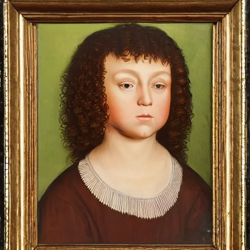 Image similar to caucasian boy age 11, with a curly mullet and brown eyes, renaissance portrait, vinatge painting royal painting