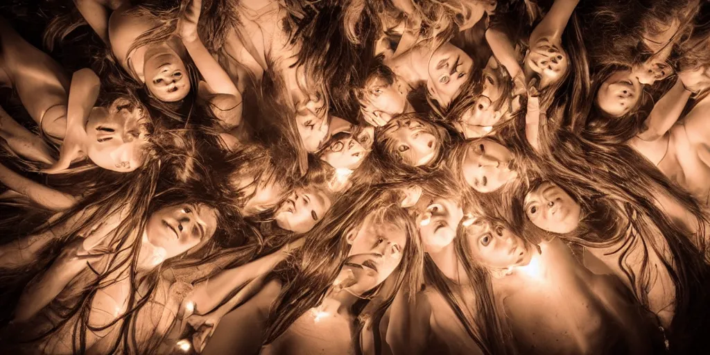 Prompt: love, groups of translucent people with long glowing hair, from below, rebirth, wide angle, cinematic atmosphere, elaborate, highly detailed, dramatic lighting