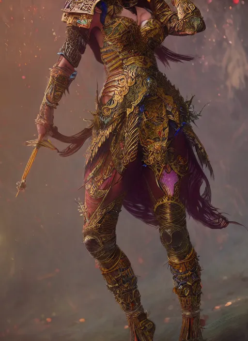 Prompt: detailed full body concept colorful fantasy painting of a female warrior in intricate clothing, cinematic lighting, hyperdetailed, 8k, high resolution, insanely detailed and intricate, octane render