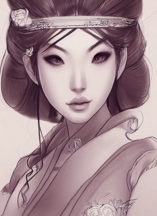 Image similar to a detailed hand drawn sketch of a stunning geisha princess, muted colors, artgerm, NeoArtCorE, artstation