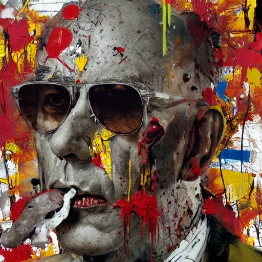 Image similar to hyperrealistic, photorealistic, mixed media oil painting of hunter s. thompson, magazine scraps, plaster, blood, oil, mustard, splatter, greg rutkowski, basquiat, ralph steadman, wesley kimler