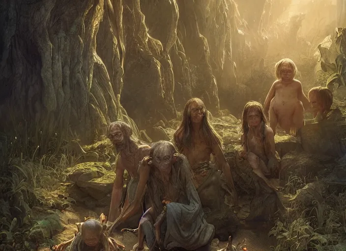 Image similar to a dramatic highly detailed render of Gollum family , Middle-earth , by WLOP and Artgerm and Greg Rutkowski and Alphonse Mucha, Beautiful dynamic dramatic dark moody lighting, shadows, cinematic atmosphere, Artstation, Octane render, 8K, masterpiece, sharp focus, hyperrealistic