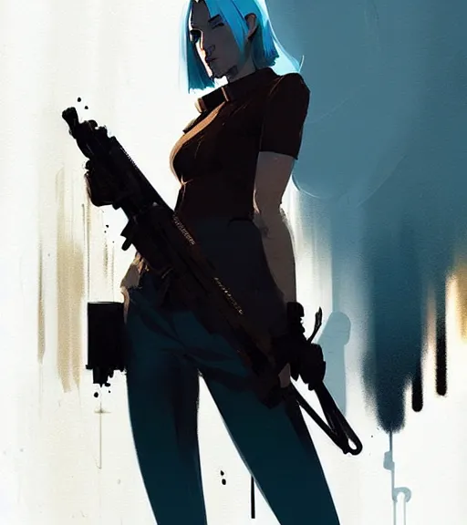 Image similar to portrait of a female john wick by atey ghailan, by greg rutkowski, by greg tocchini, by james gilleard, by joe fenton, by kaethe butcher, dynamic lighting, gradient light blue, brown, blonde cream and white color scheme, grunge aesthetic