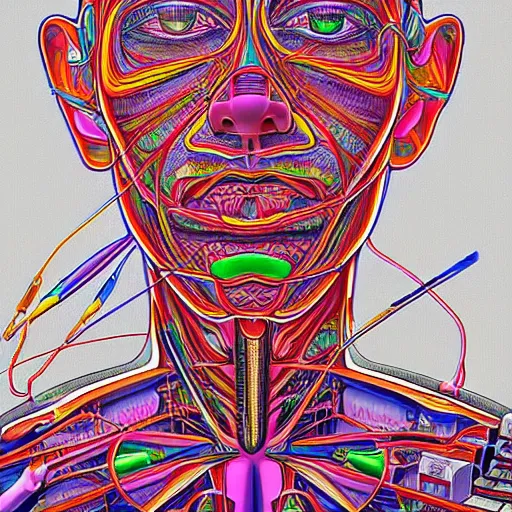 Prompt: a human/computer system, a side-view of a person sitting on their desk programming by Alex Grey, highly detailed, 8K