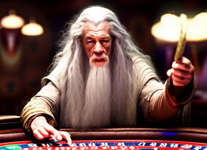 Image similar to film still of gandalf gambling in a casino in new lord of the rings movie, 8 k