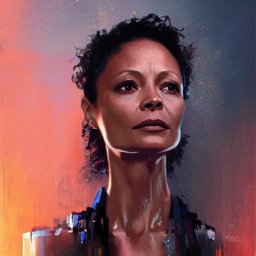 Image similar to thandie newton, hyperrealistic portrait, bladerunner street, art of elysium by jeremy mann and alphonse mucha, fantasy art, photo realistic, dynamic lighting, artstation, poster, volumetric lighting, very detailed face, 4 k, award winning