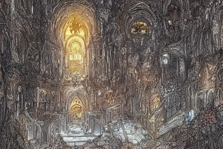 Prompt: one point perspective city cathedral cavern symbolarium dungeon encrusted with corals and intricate gold and gems, in the style of Greg Broadmore and Arthur Rackham,trending on artstation, light lighting side view,digital art,surrealism ,macro,blueprint ,vaporwave ,