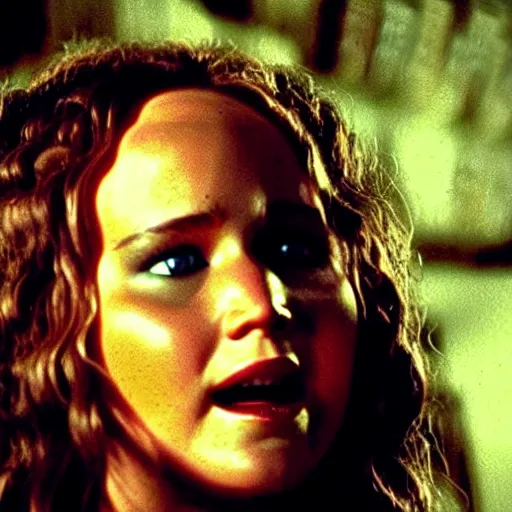 Image similar to cinematic jennifer lawrence as frankensteins monster, color photography, sharp detail, she is amused, still from the movie mary shelly's frankestein