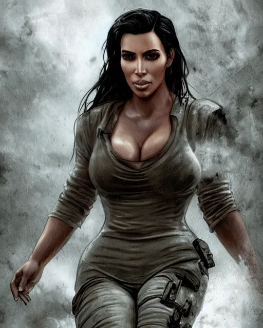 Prompt: A film still of kim kardashian being tackled by zombies in resident evil, highly detailed, digital painting, artstation, concept art, sharp focus, illustration, cinematic lighting, art by artgerm and greg rutkowski and alphonse mucha diffuse lighting, fantasy, intricate, elegant, highly detailed, lifelike, photo, digital painting, artstation, illustration, concept art, smooth, sharp focus, art by John Collier and Albert Aublet and Krenz Cushart and Artem Demura and Alphonse Mucha, full-shot, full pov.