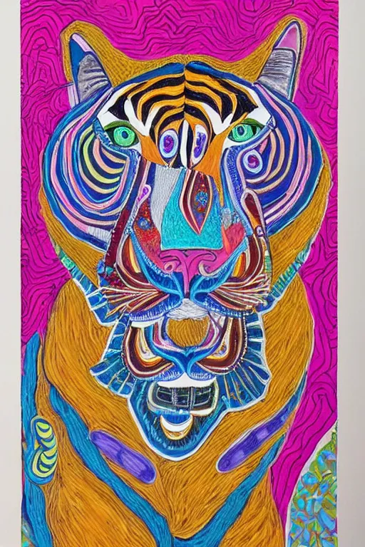 Prompt: an image of a tiger wearing a headdress, a detailed painting by Laurel Burch, pinterest contest winner, psychedelic art, detailed painting, made of beads and yarn, outlined art