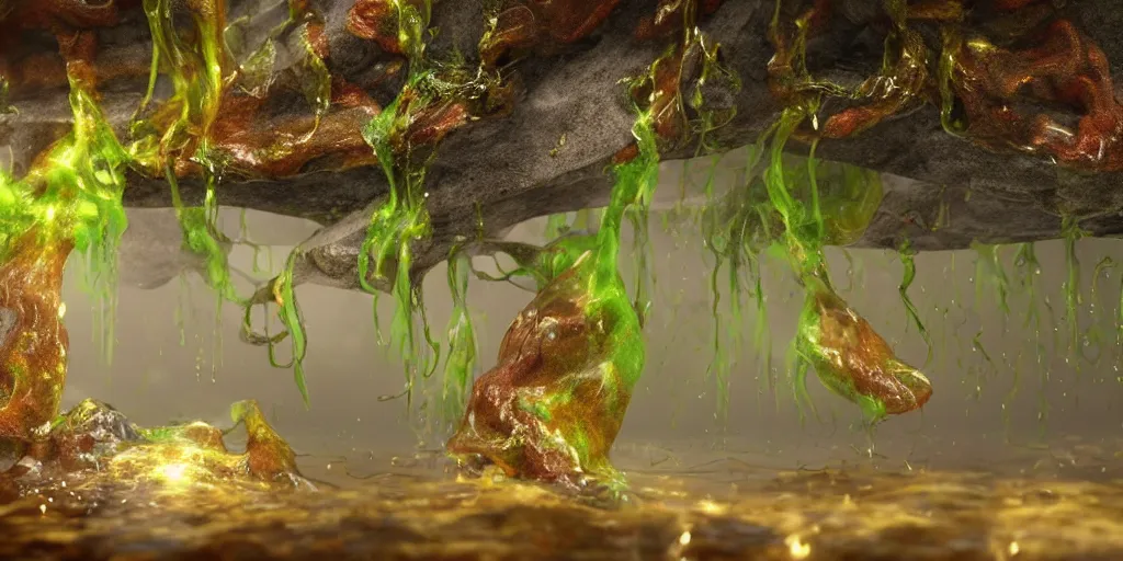 Prompt: Photorealistic picture of a glossy wet levitating floating fungus spirit with arms outstretched, made from colorful wet fungus tendrils. a gentle rising mist, an epic rocky landscape. occult photorealism, UHD, amazing depth, glowing, golden ratio, 3D octane cycle unreal engine 5, volumetric lighting, cinematic lighting, cgstation artstation concept art