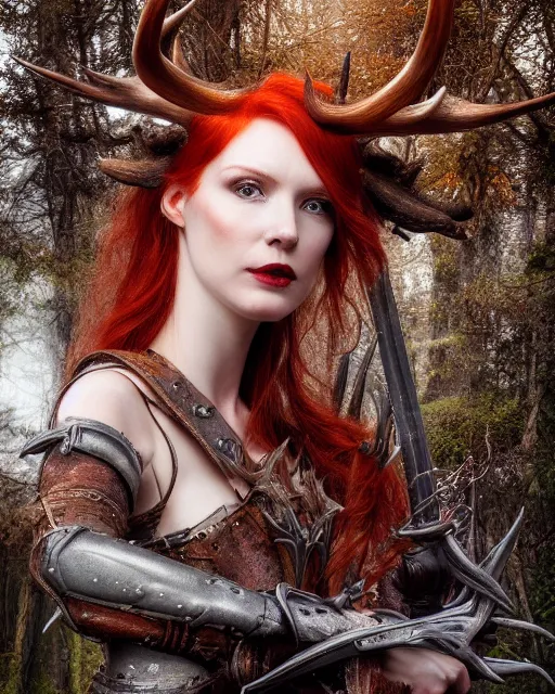 Prompt: 5 5 mm portrait photo of an armored redhead woman with a sword, and antlers growing from her head, in a magical forest. by luis royo. highly detailed 8 k. intricate. lifelike. soft light. nikon d 8 5 0. cinematic post - processing