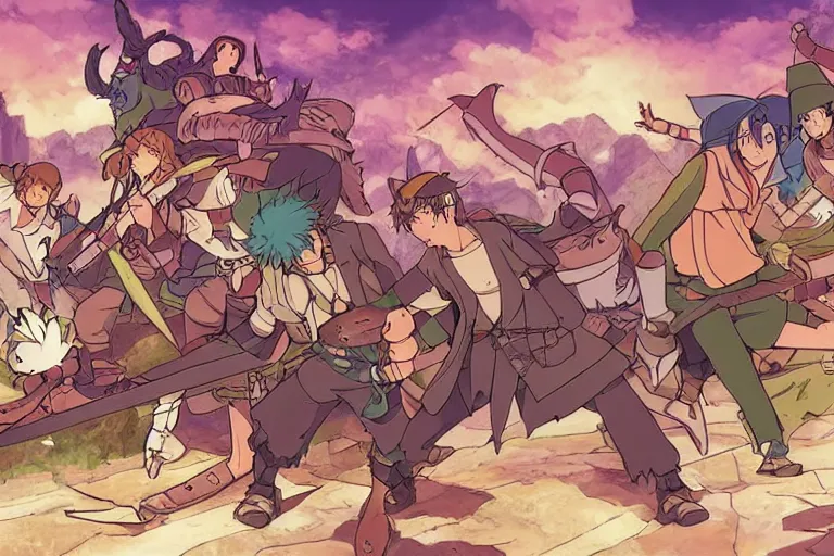 Prompt: cell shaded key visual of a group of adventurers being defeated by monsters in a dungeon, in the style of studio ghibli, moebius, makoto shinkai,