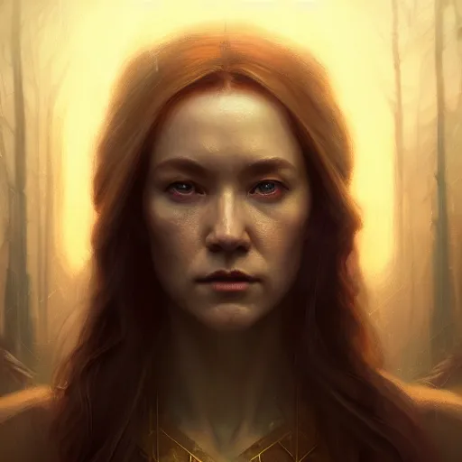 Image similar to Beautiful aesthetically pleasing female oracle of Delphi portrait, face centered portrait, Confident, fog, volumetric lighting, beautiful, golden hour, sharp focus, ultra detailed, conceptartworld by Leesha Hannigan, Ross Tran, Thierry Doizon, Kai Carpenter, Ignacio Fernández Ríos