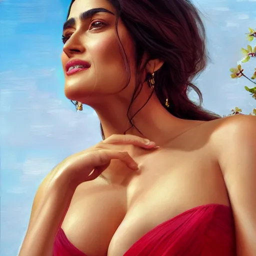 Image similar to portrait of salma hayek in the style of stefan kostic, realistic, body shot, sharp focus, 8 k high definition, insanely detailed, intricate, elegant, art by stanley lau and artgerm, cherry blossoms