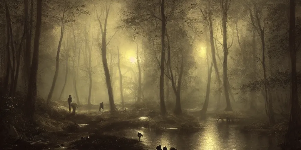 Image similar to [ a dark scene of a dense forest at night with a gentle stream through it, moonlight through trees, volumetric light and mist, fog, deer drinking from the stream ], andreas achenbach, artgerm, mikko lagerstedt, zack snyder, tokujin yoshioka