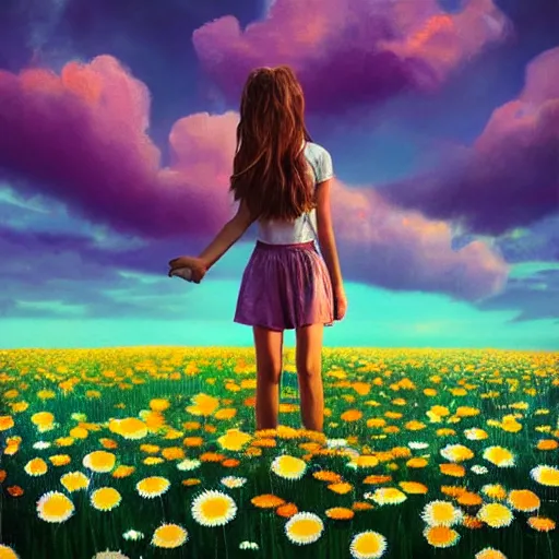 Image similar to head made of giant daisies, girl standing barefoot in a flower field, arms behind back, surreal photography, sunrise dramatic light, impressionist painting, colorful clouds, large sky, digital painting, artstation, simon stalenhag, flower face