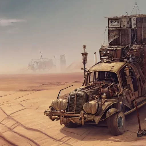 Image similar to highly detailed painting view from bird's eye postapo steampunk lively small but tall town in the middle of nowhere/wasteland endless empty desert in Mad Max style trending on Artstation, 4K, high quality