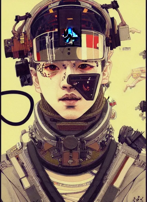 Image similar to a beautiful ukiyo painting of rapper pop smoke as a timepunk battle space pilot, wearing space techwear, detailed close up portrait, intricate complexity, concept art, by takato yamamoto, wlop, krenz cushart. cinematic dramatic atmosphere, sharp focus, digital full likeness art. center frame