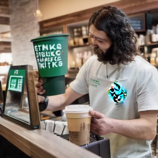 Prompt: jesus working at starbucks behind the counter