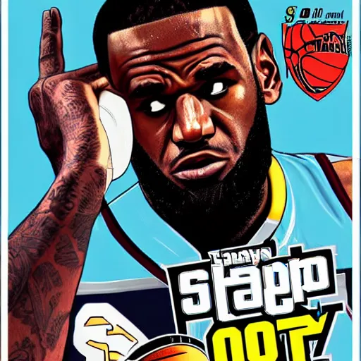 Image similar to lebron james in gta v cover art, art by stephen bliss, sharp details, sharp focus