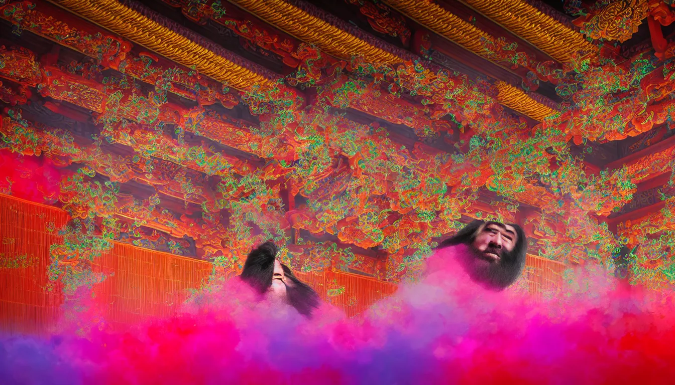 Prompt: burst powders ,volumetric lighting, twisting vapour ,flowing shimmering brilliant colourful fabrics, emerging sounds and an ancient male bearded face , inside a huge traditional Japanese Royal ornate temple , full colour , upscale , 4k