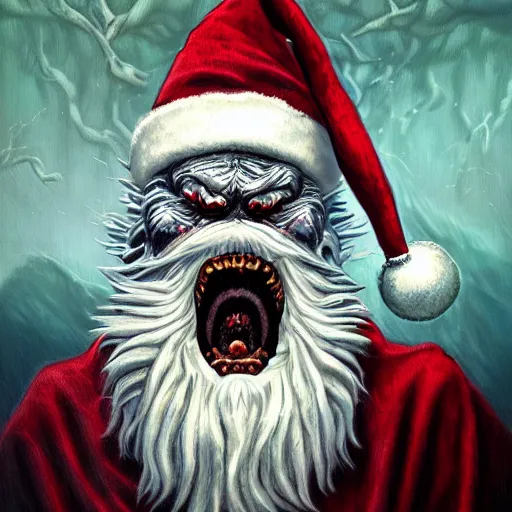 Image similar to terrifying monster Santa full dramatic shot, Lovecraft, oil painting, epic, ultra detailed, intricate