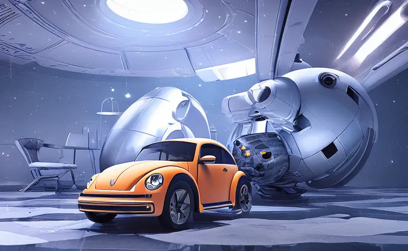 Image similar to a spaceship version of the vw beetle floating in the space, masterpiece, hyperrealistic, futuristic, symmetrical, octane render, unreal engine 5, path traced, highly detailed, high quality, 8 k, cinematic, high coherence, soft lighting, spacecraft, bloom