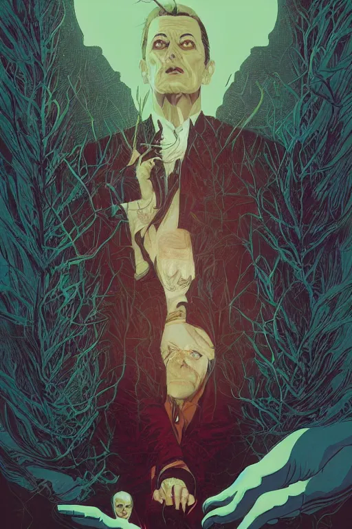 Image similar to poster artwork by Michael Whelan and Tomer Hanuka, Karol Bak of the egregore, from scene from Twin Peaks, clean, simple illustration, nostalgic, domestic, full of details