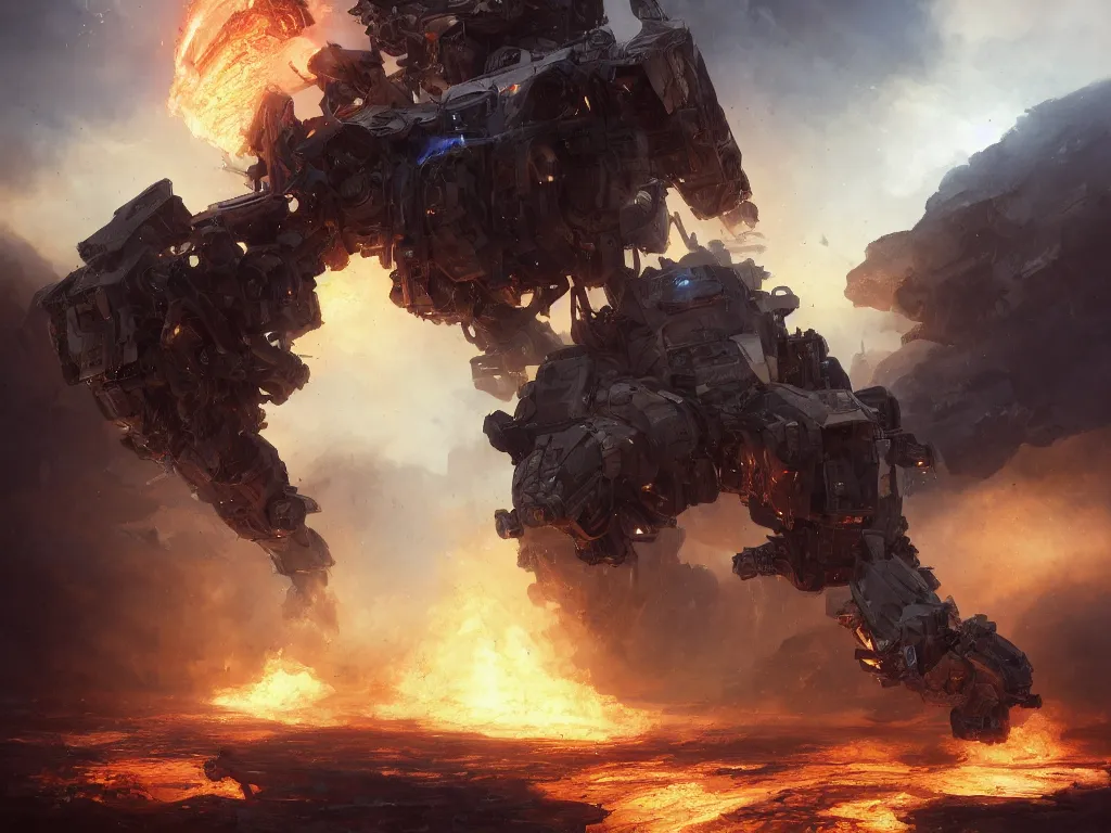 Image similar to portrait of timberwolf battlemech on fire, battle damage, sunset glow around head, full body portrait, intricate, elegant, highly detailed, digital painting, artstation, concept art, smooth, sharp focus, illustration ,sunset, dramatic lighting by Marc Adamus art by artgerm and greg rutkowski and alphonse mucha, background is a city in ruins