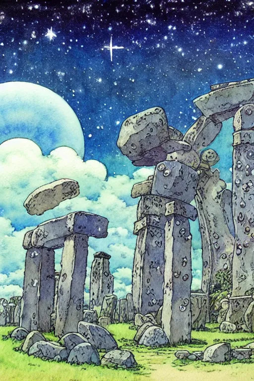 Image similar to a hyperrealist studio ghibli watercolor fantasy concept art. in the foreground is a giant grey octopus building and putting stones in to place on top of stonehenge with a starry sky. by rebecca guay, michael kaluta, charles vess