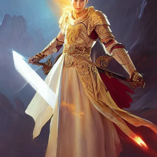 Image similar to portrait of an aasimar paladin blond young man with amber eyes wielding his flaming blade, he has angelical wings strong, sofisticated, fantasy, highly detailed, digital painting, artstation, concept art, character art, art by greg rutkowski and tyler jacobson and alphonse mucha