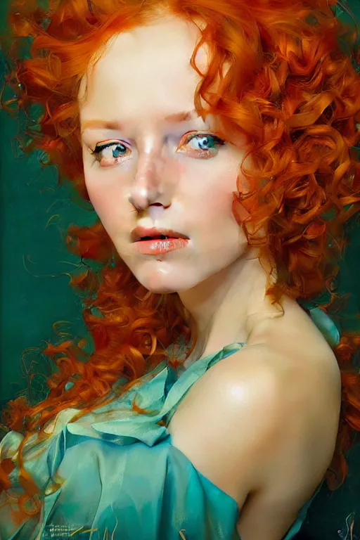 Image similar to hyper realistic painting portrait of a redhead girl with flowing curls and closed eyes, her skin is like gold and turquoise background, hyper detailed face by stjepan sejic, norman rockwell, michael hussar, roberto ferri and ruan jia