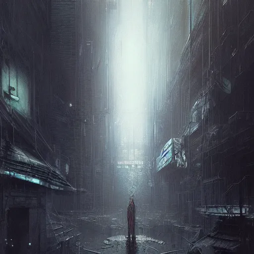 Image similar to lost and alone in a cyberpunk noir city by gustave dore and gustave moreau and beksinski and giger and craig mullins and jeremy mann