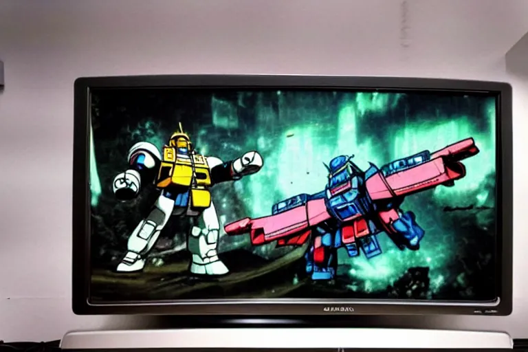 Prompt: old photo of an old retro Trinitron TV showing gundam fighting a Zaku-II with an axe, in the dark living room, lights off, 90s nostalgia, wide view, fish eye lens, vhs , scanlines, 8k, hd, high resolution