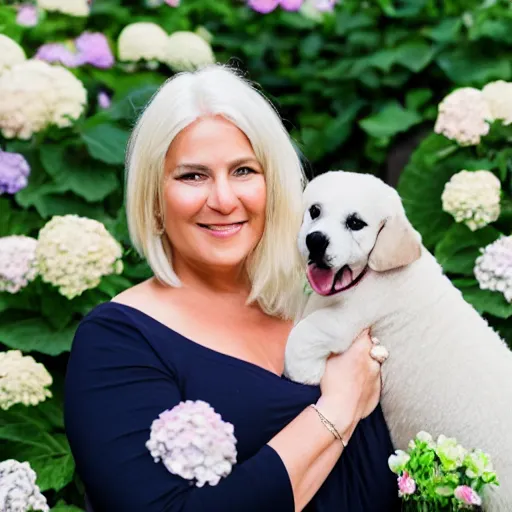 Prompt: 6 0 year old curvy blonde woman, welcoming grin, surrounded by hydrangeas, with a small white happy dog at her side, portrait, headshot, detailed, high quality