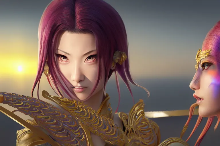 Prompt: beautiful ego sword girl fighting against the king in the yellow, sunset horizon, highlight on the blade, extremely detailed and beautiful aesthetic face, close up, super detailed eyes, highly detailed, digital painting, highlight scene of the movie, smooth, illustration, unreal engine 5, 8 k, art by hiroaki samura and jiro matsumoto and yusuke murata